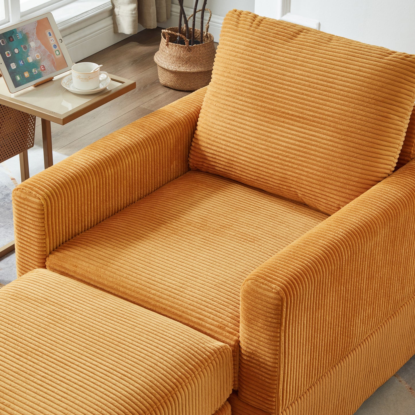 Yellow Corduroy Sectional Sofa - 57" Lounge Chair with Pillows for Living Room