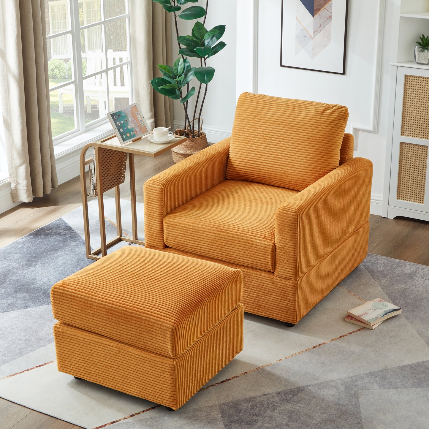 Classic Corduroy Chaise Lounge, Comfy Sofa Chaise Couch Chair, Upholstered Accent Chair with Ottoman for Living Room - Yellow