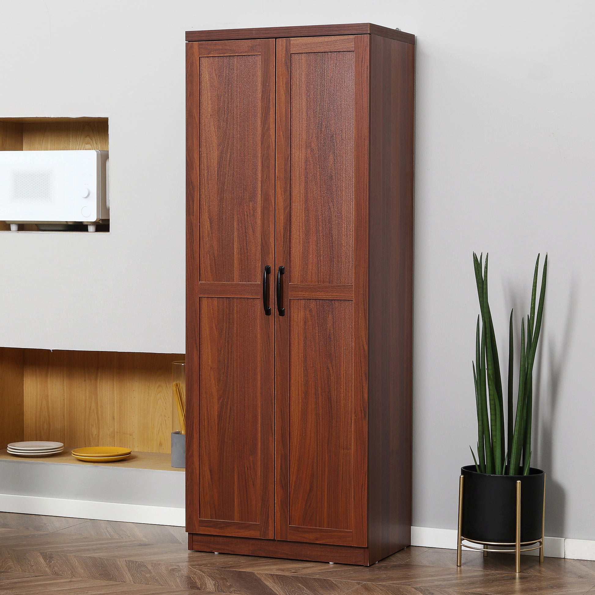 Brown Particle Board Kitchen Storage Cabinet with Adjustable Shelves for Dining Room