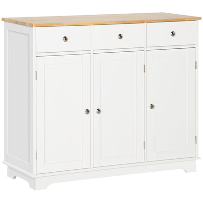 HOMCOM Sideboard with Solid Wood Countertop, Modern Kitchen Storage Cabinet, Coffee Bar Cabinet with 3 Drawers, Doors and Adjustable Shelf, White