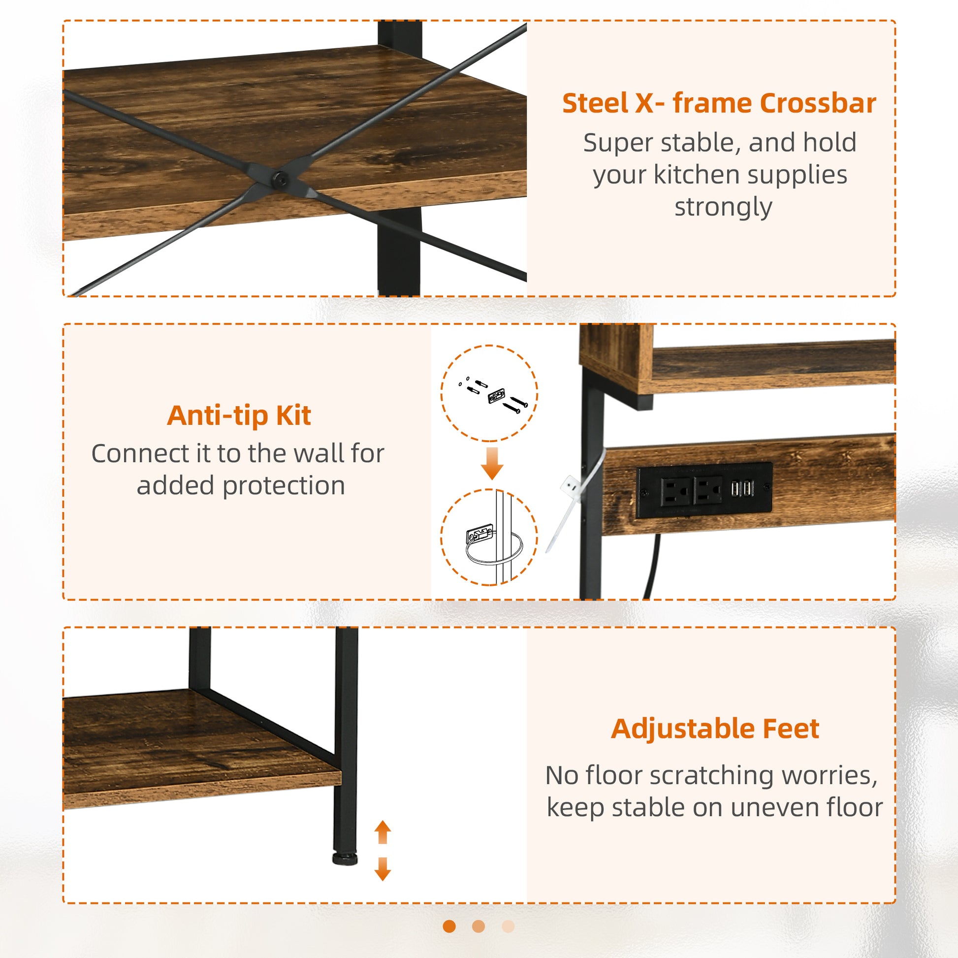 Rustic Brown Kitchen Storage Rack with Power Outlets for Appliances