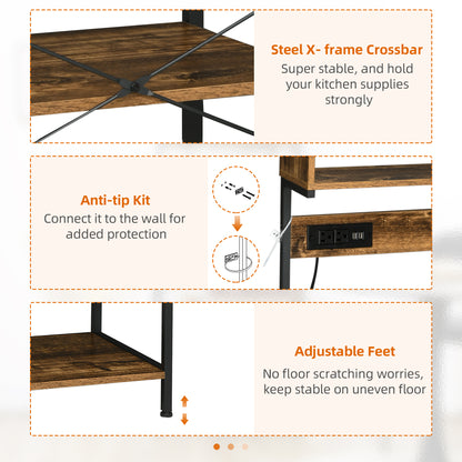 Rustic Brown Kitchen Storage Rack with Power Outlets for Appliances
