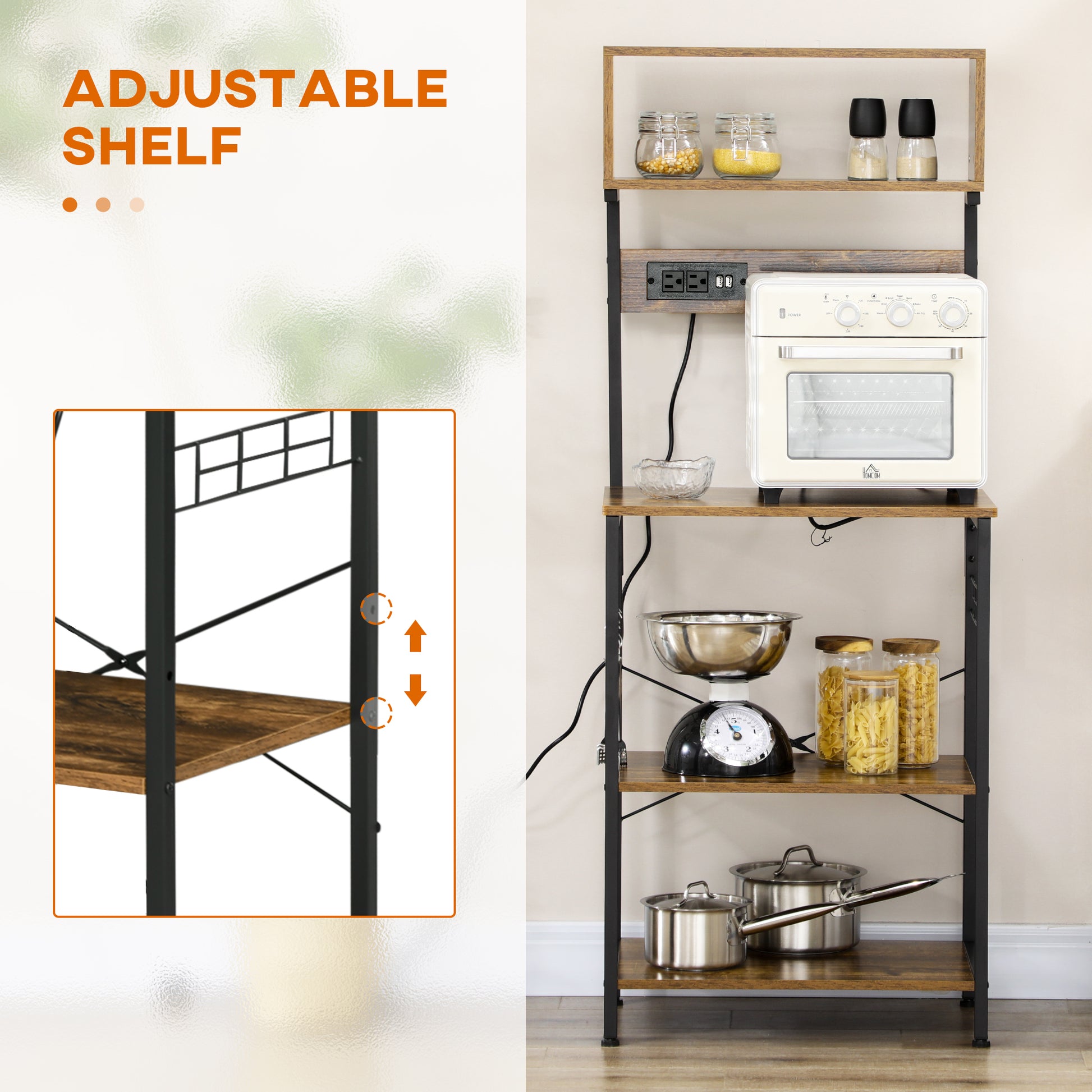 Rustic Brown Kitchen Storage Rack with Power Outlets for Appliances