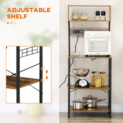 Rustic Brown Kitchen Storage Rack with Power Outlets for Appliances