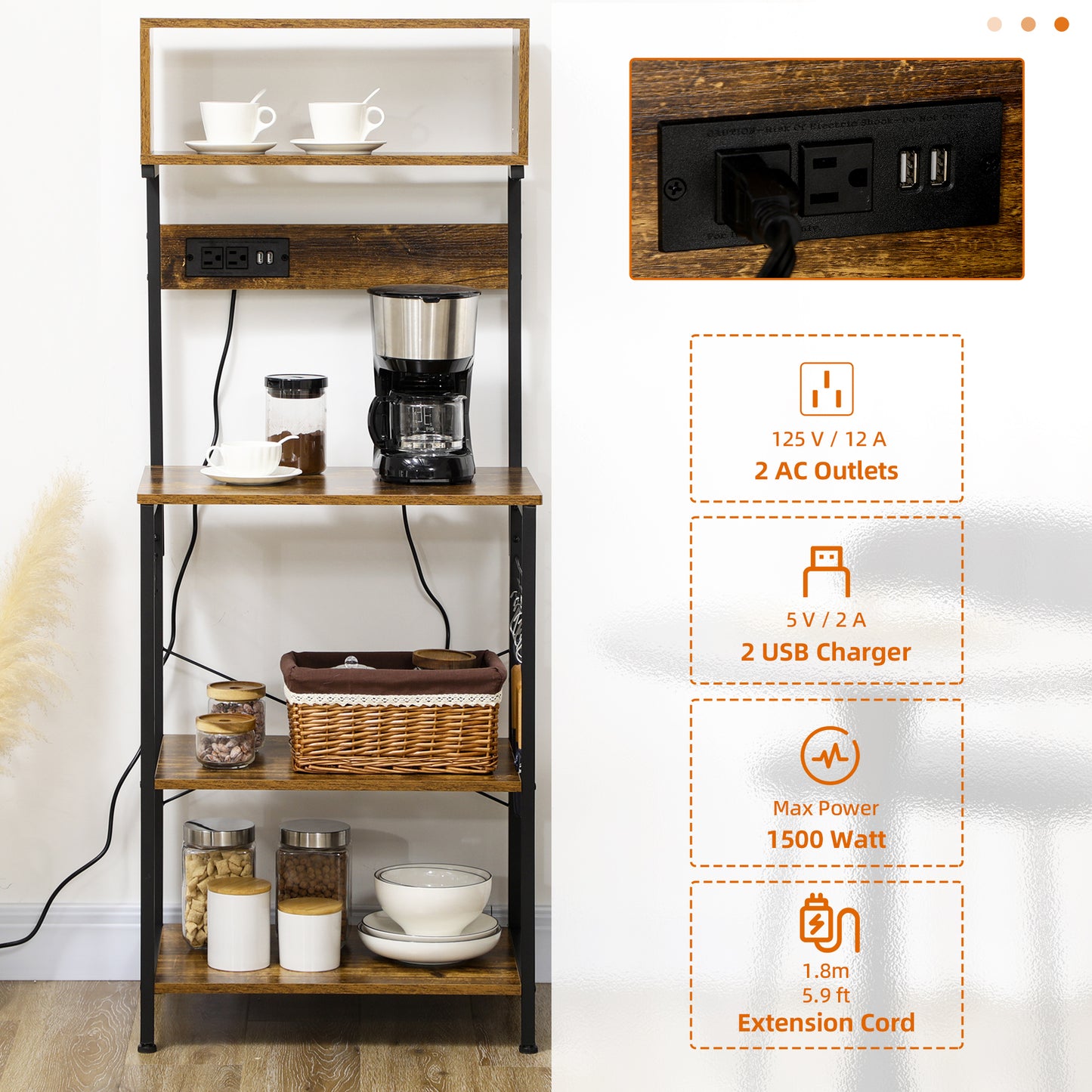Rustic Brown Kitchen Storage Rack with Power Outlets for Appliances