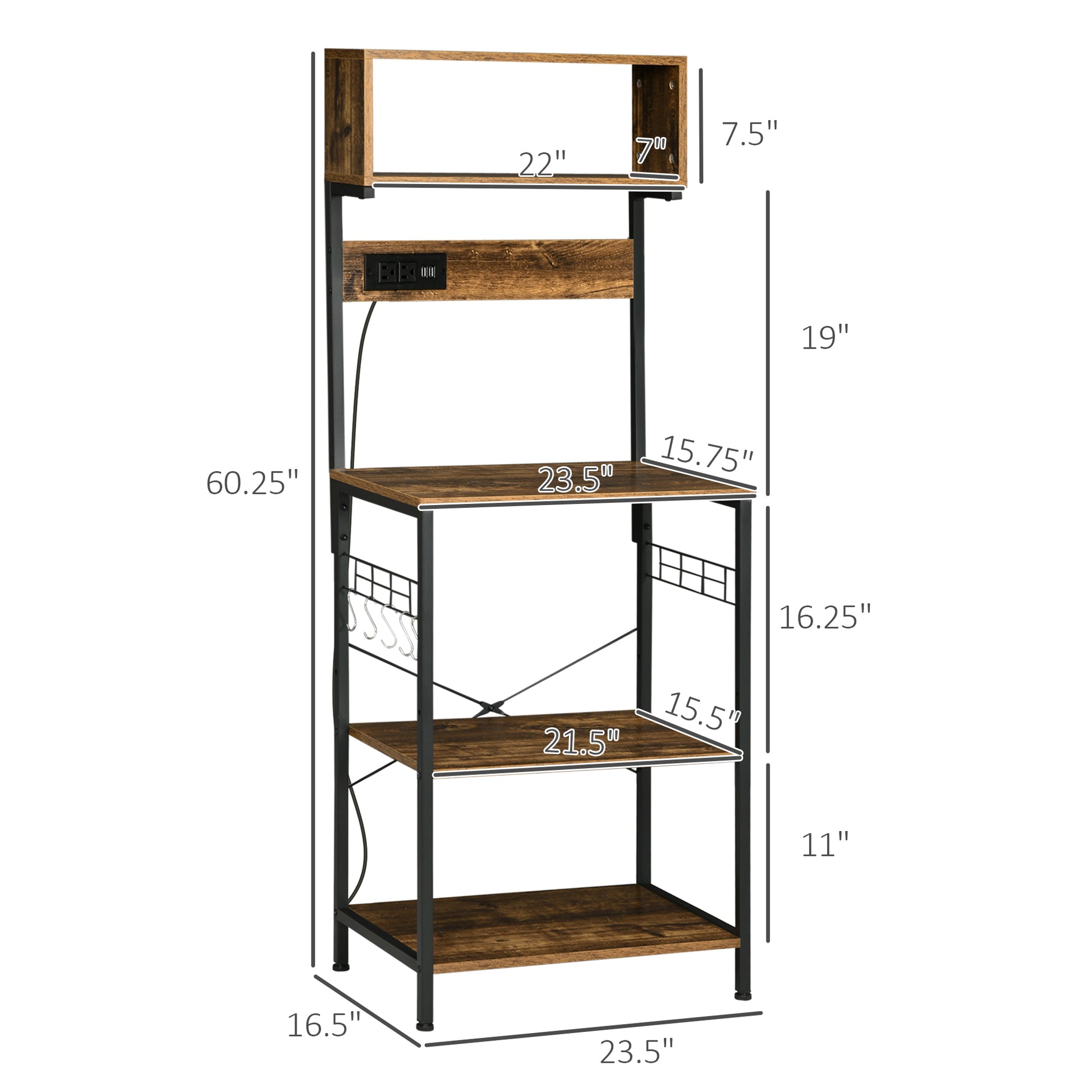 Rustic Brown Kitchen Storage Rack with Power Outlets for Appliances