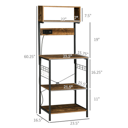 Rustic Brown Kitchen Storage Rack with Power Outlets for Appliances