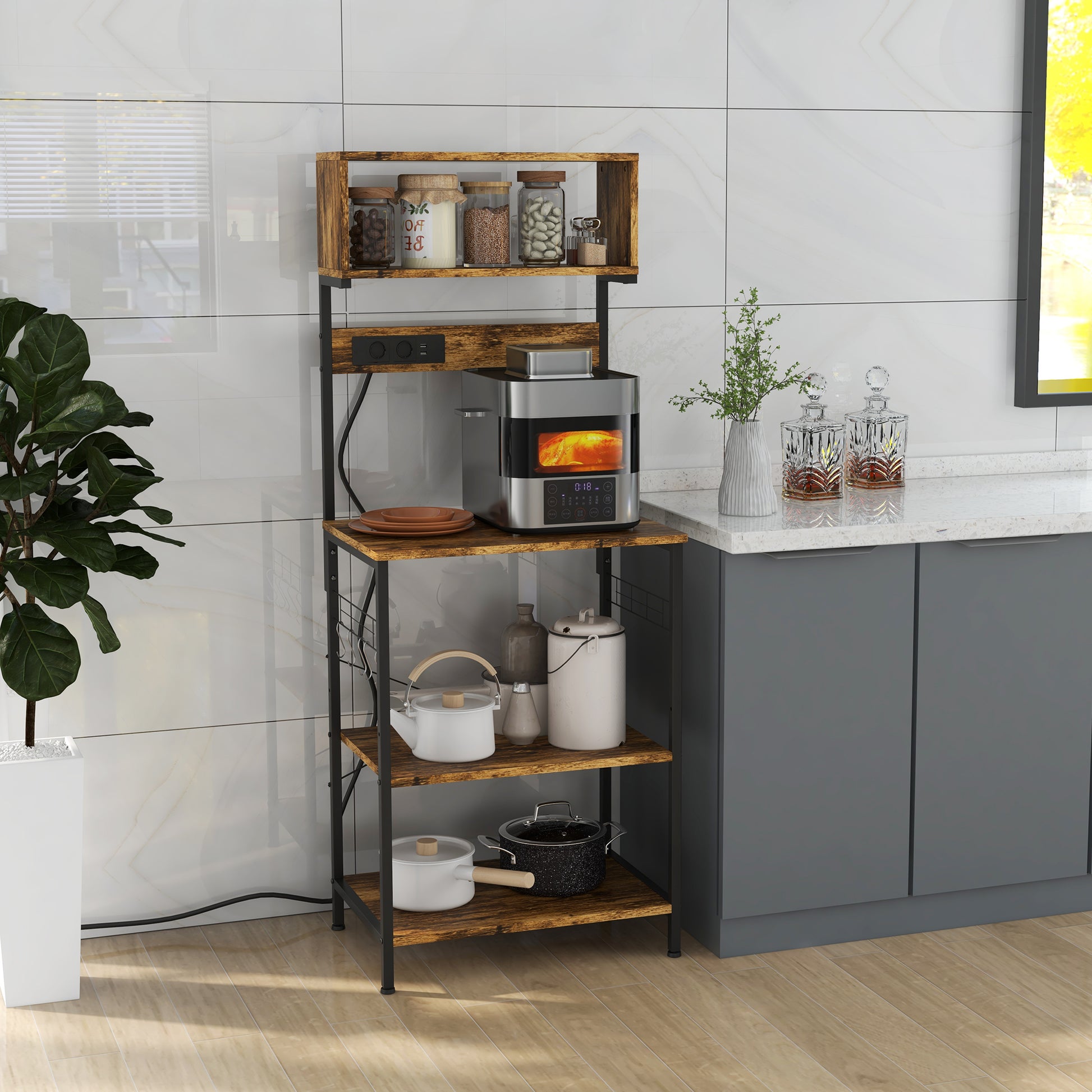 Rustic Brown Kitchen Storage Rack with Power Outlets for Appliances