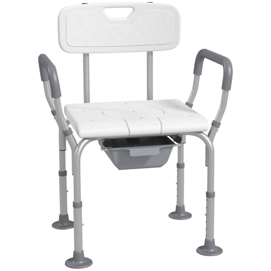 HOMCOM 3-in-1 Shower Chair with Back and Arms, Height Adjustable Bedside Commode, Raised Toilet Seat with Non-Slip Rubber Foot Pad for Seniors, Disabled, White
