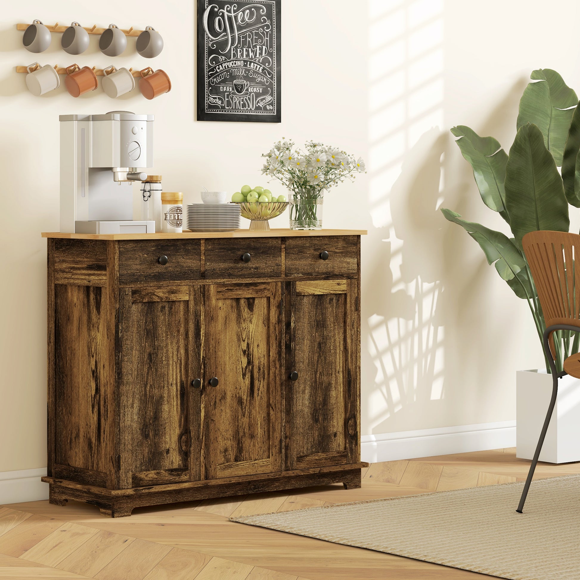 Rustic Brown Wood Sideboard Cabinet for Dining Room Storage