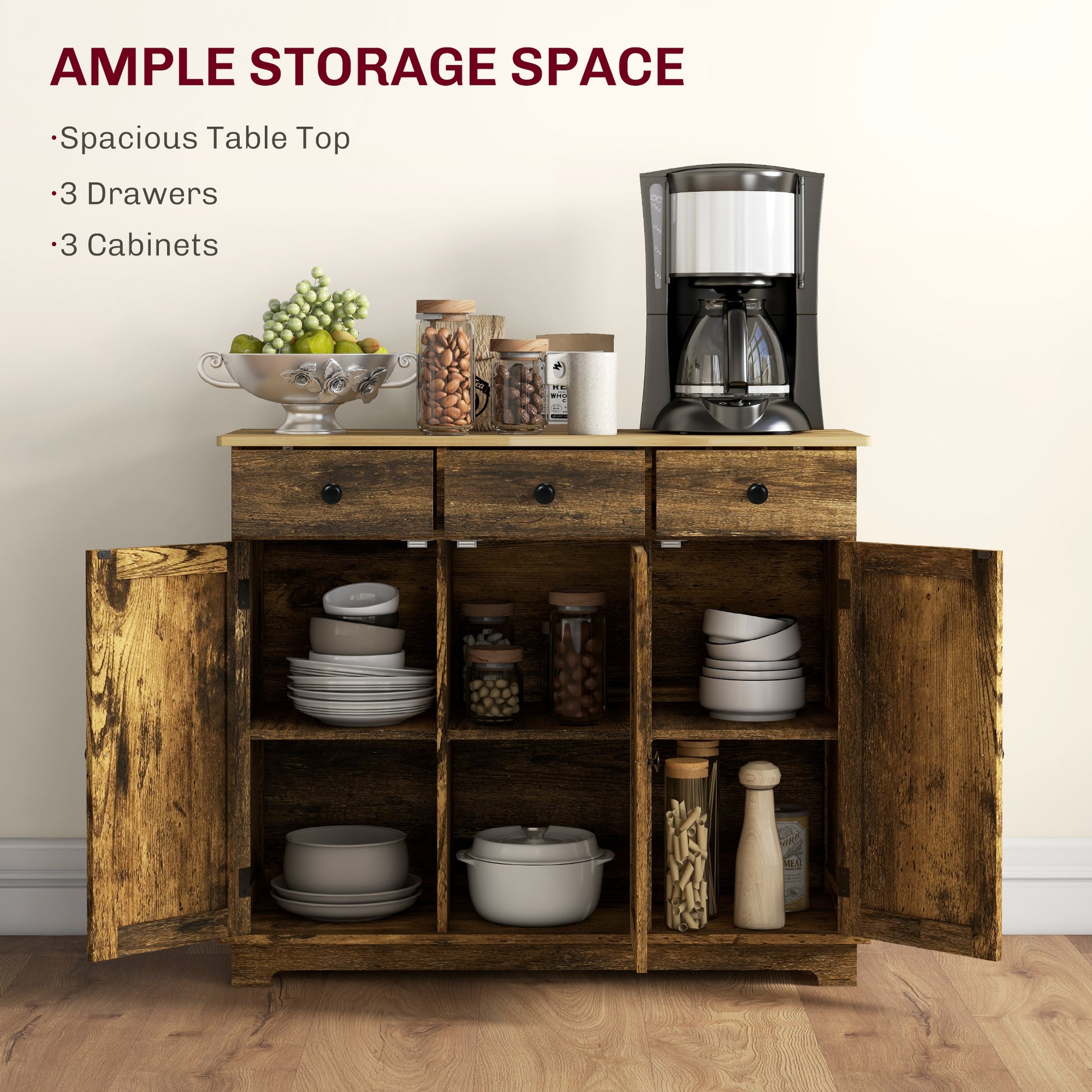 Rustic Brown Wood Sideboard Cabinet for Dining Room Storage