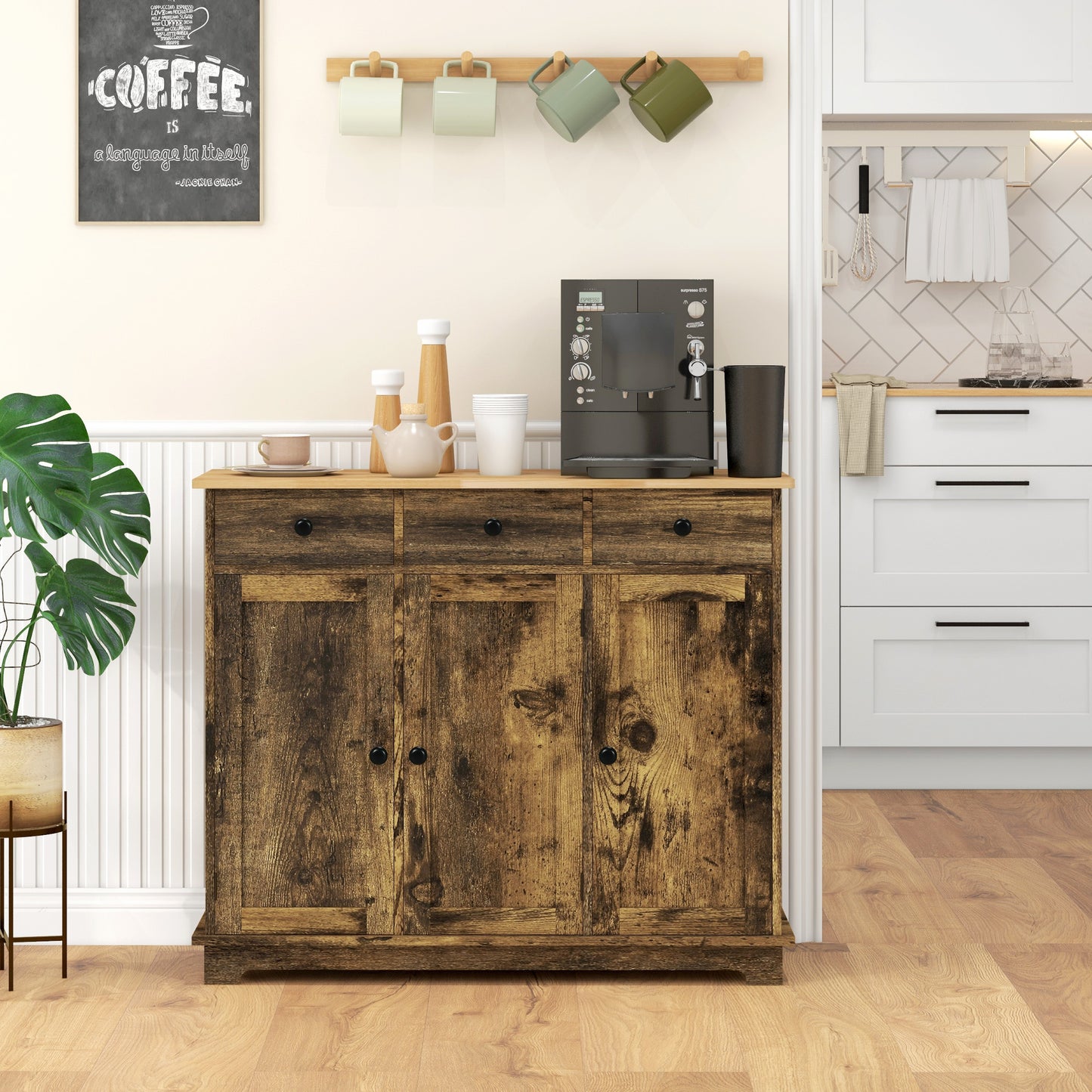 Rustic Brown Wood Sideboard Cabinet for Dining Room Storage