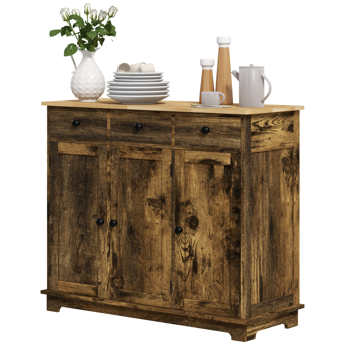 Rustic Brown Wood Sideboard Cabinet for Dining Room Storage