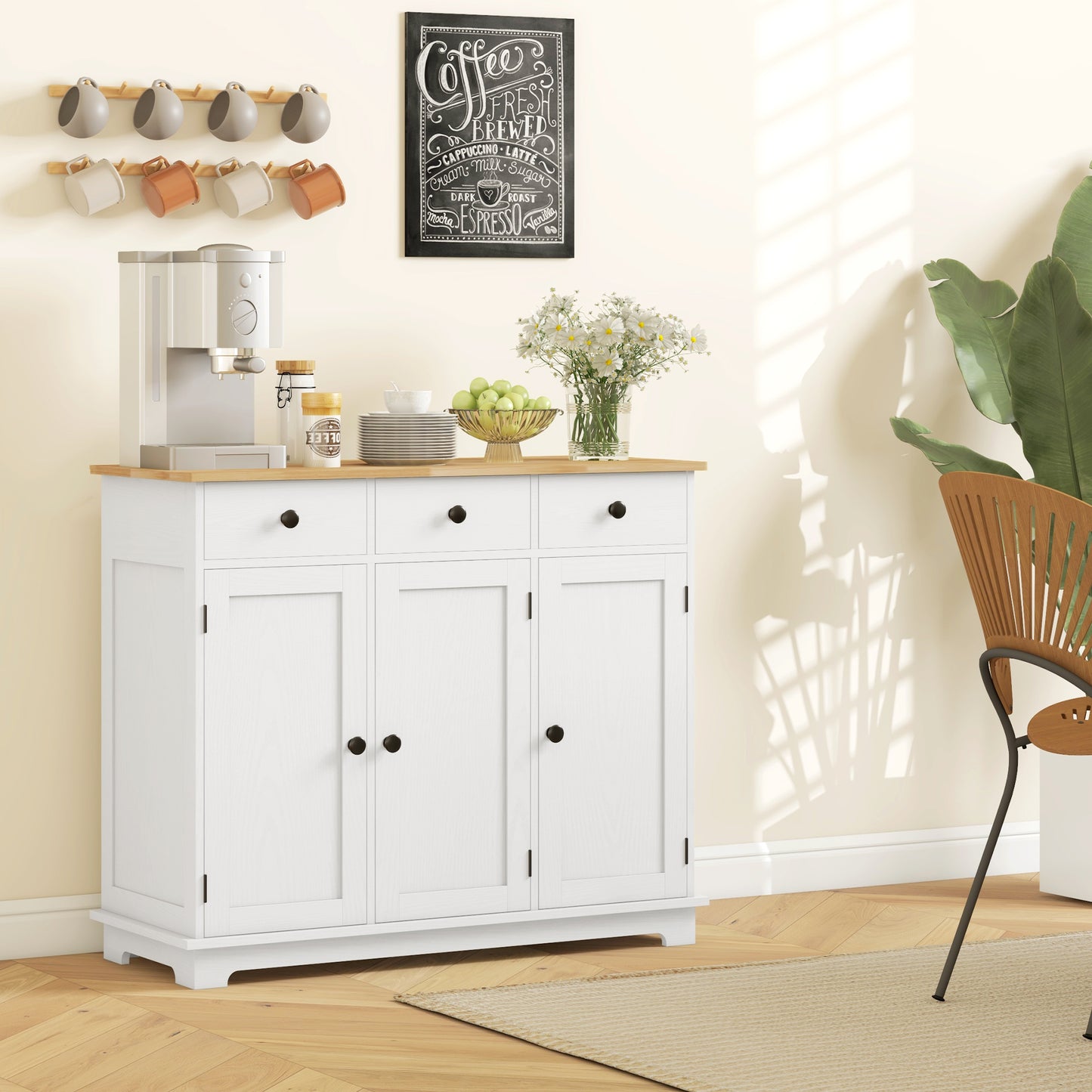 White Wood Buffet Cabinet for Kitchen Storage with Drawers and Shelves