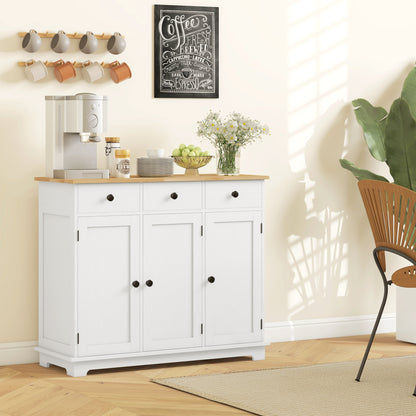 White Wood Buffet Cabinet for Kitchen Storage with Drawers and Shelves