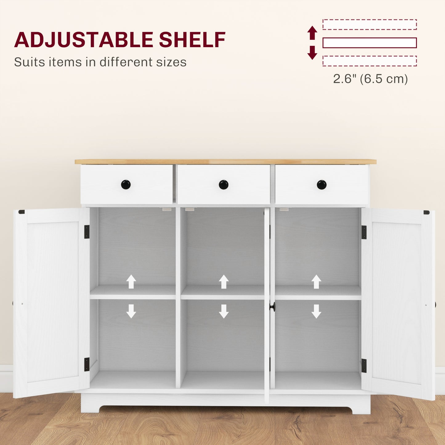 White Wood Buffet Cabinet for Kitchen Storage with Drawers and Shelves