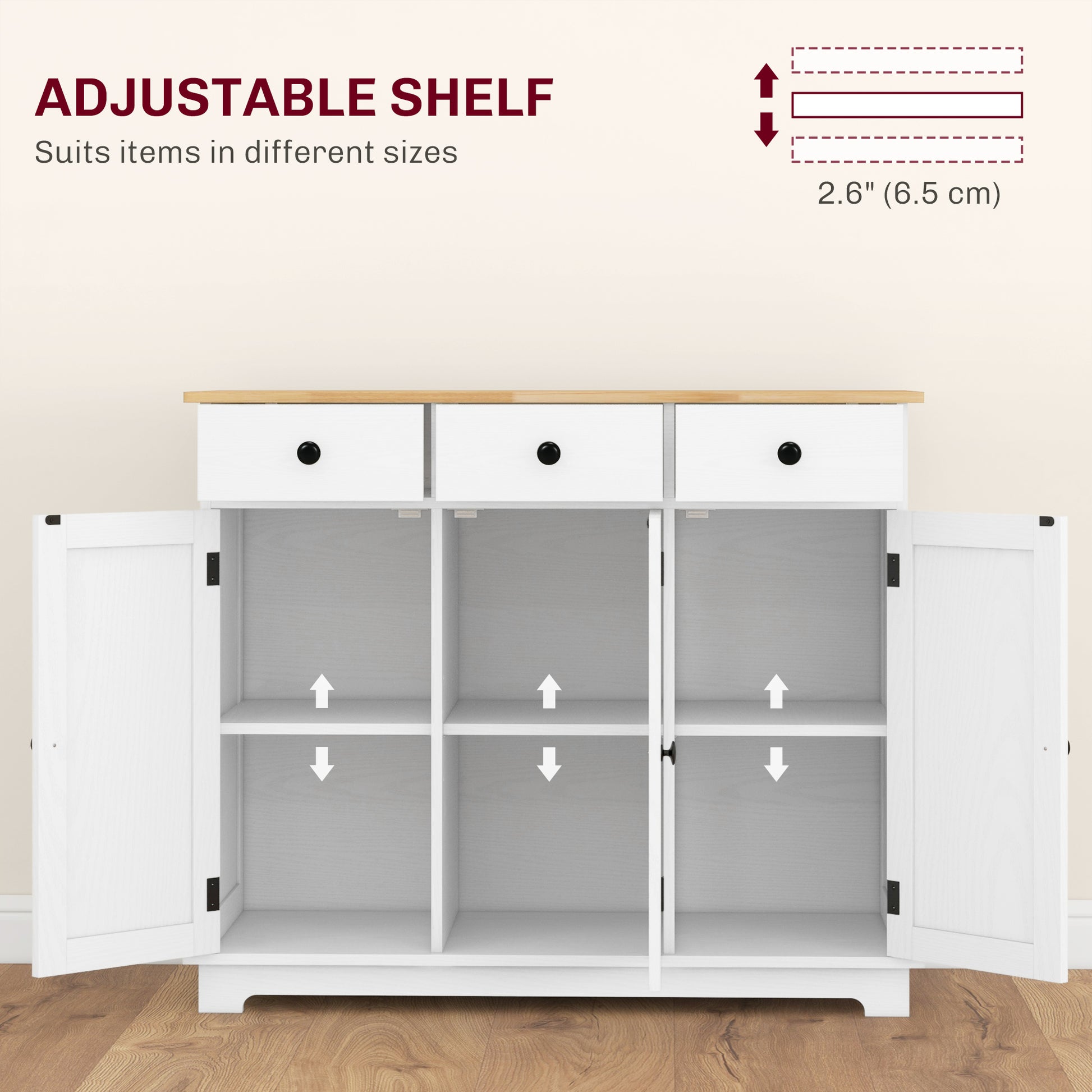 White Wood Buffet Cabinet for Kitchen Storage with Drawers and Shelves