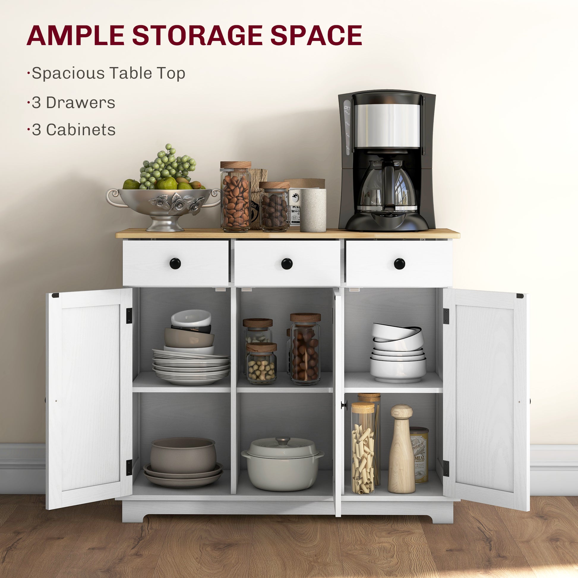 White Wood Buffet Cabinet for Kitchen Storage with Drawers and Shelves