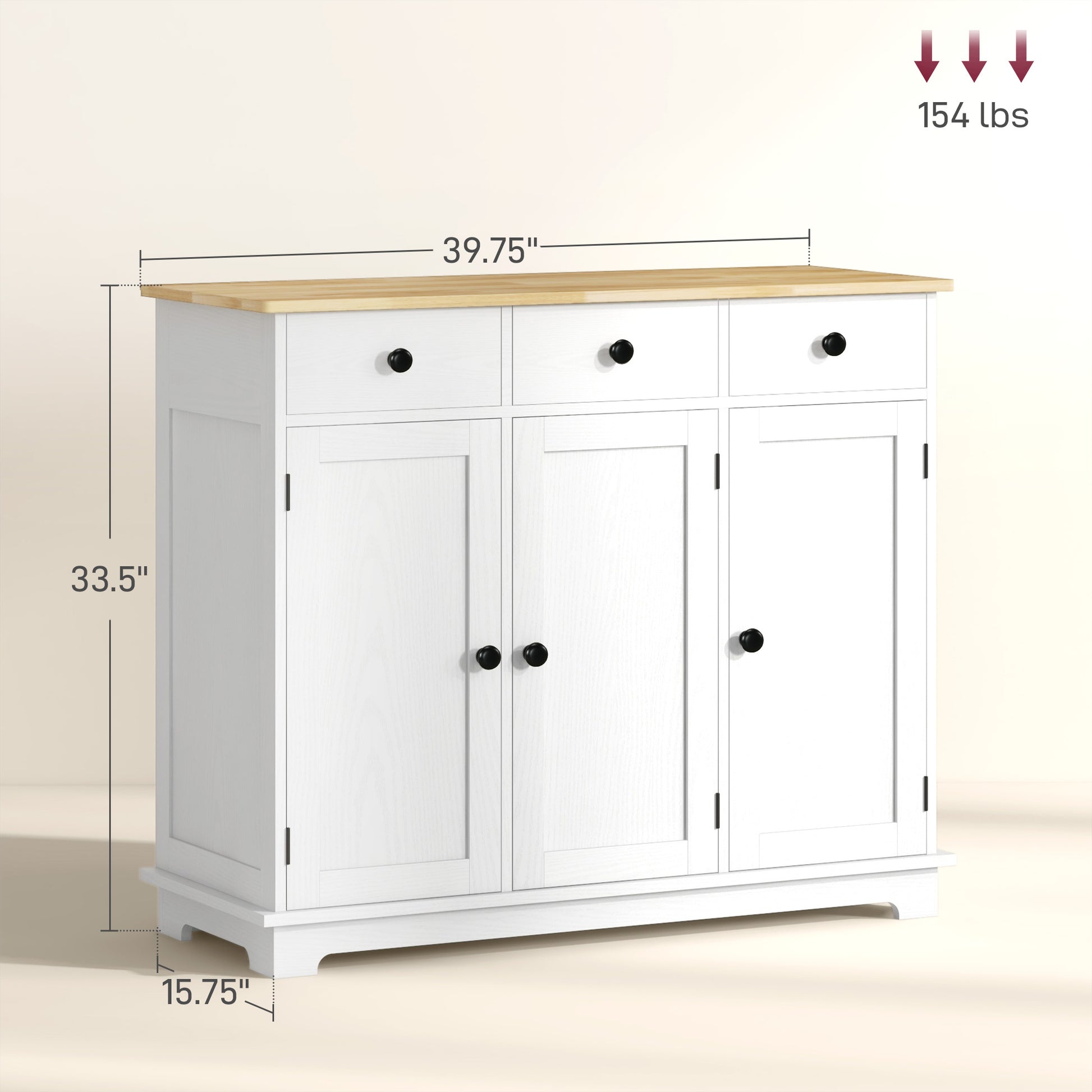 White Wood Buffet Cabinet for Kitchen Storage with Drawers and Shelves