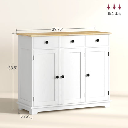 White Wood Buffet Cabinet for Kitchen Storage with Drawers and Shelves