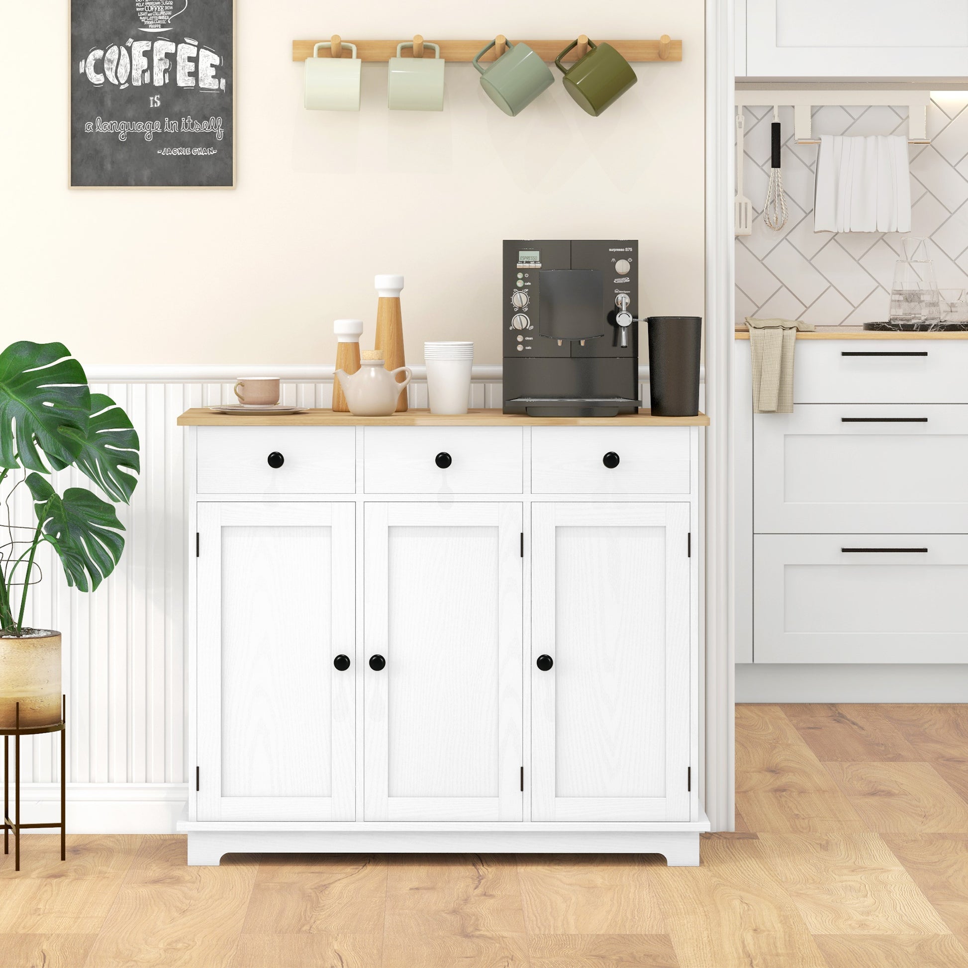 White Wood Buffet Cabinet for Kitchen Storage with Drawers and Shelves