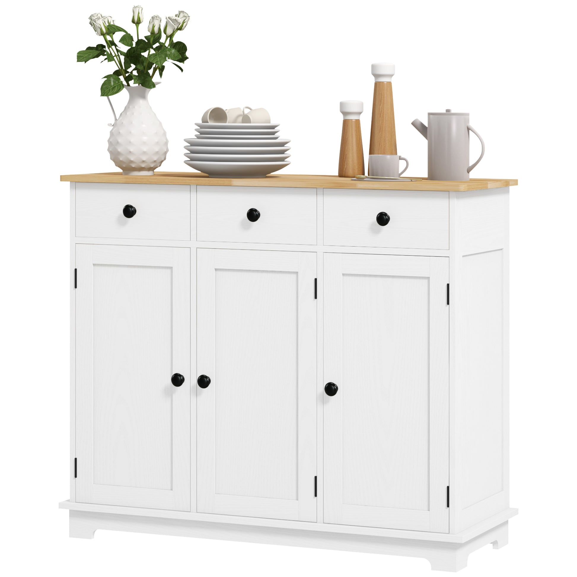 White Wood Buffet Cabinet for Kitchen Storage with Drawers and Shelves