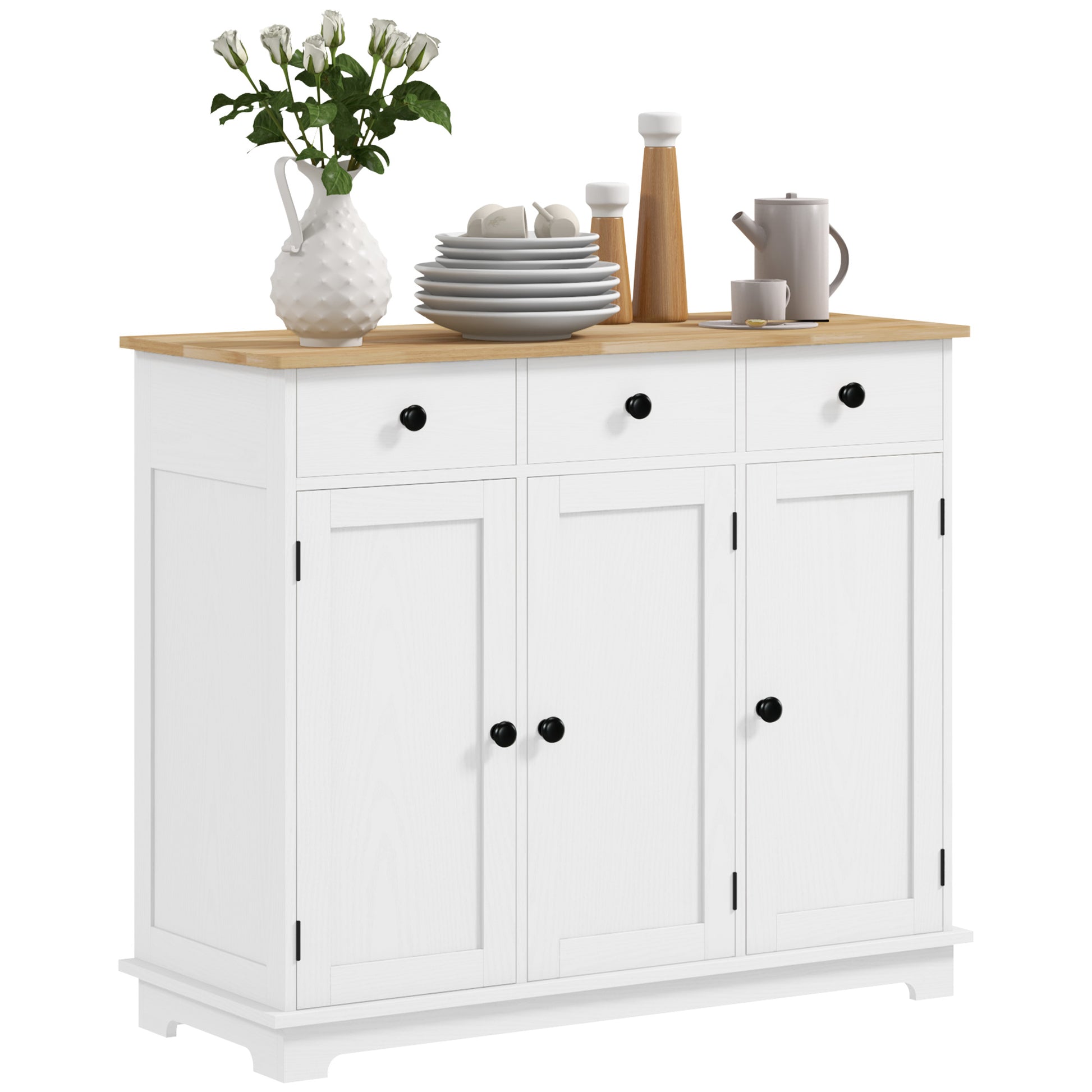 HOMCOM Sideboard with Solid Wood Countertop, Modern Kitchen Storage Cabinet, Coffee Bar Cabinet with 3 Drawers, Doors and Adjustable Shelf, Distressed White
