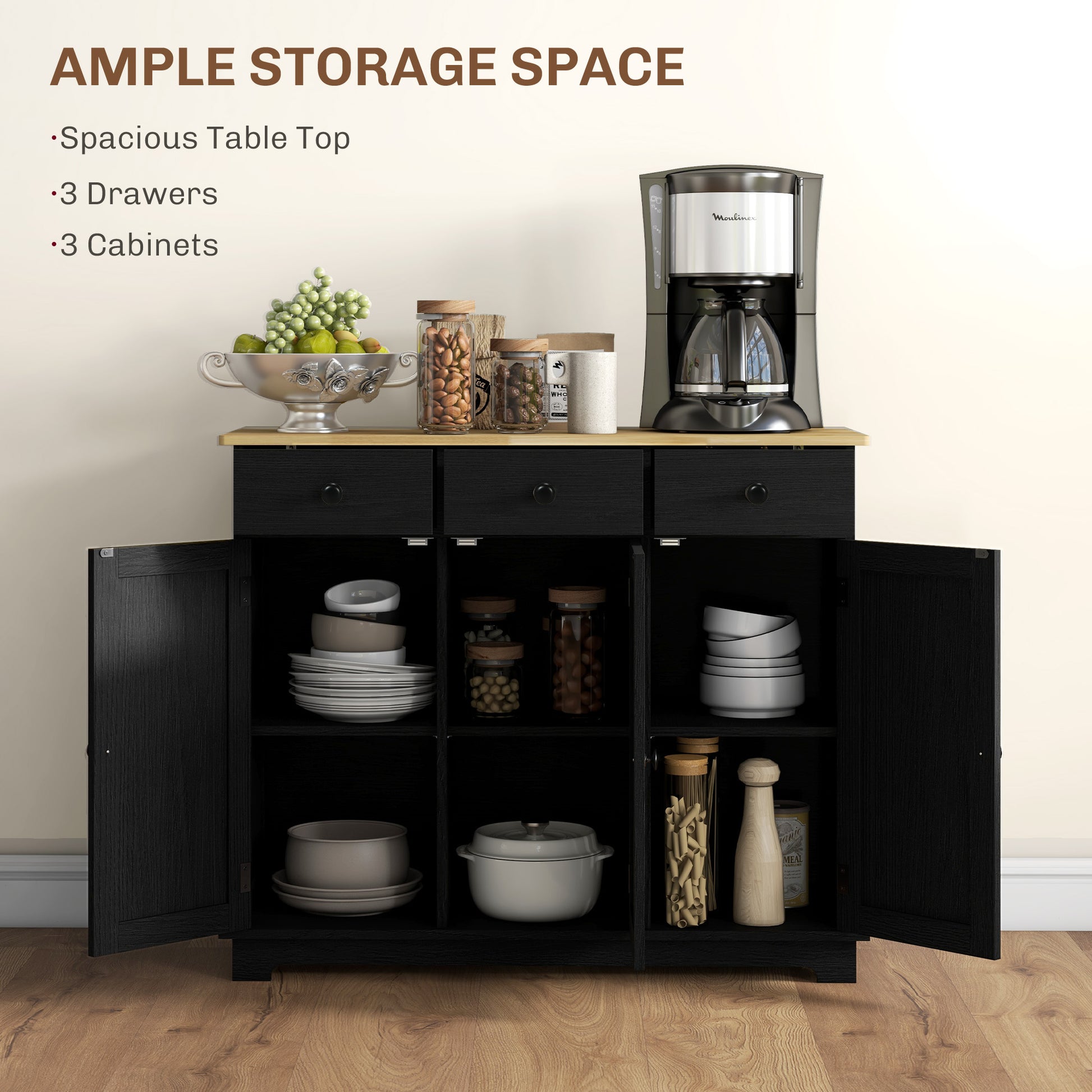 HOMCOM Sideboard - Wood, 3 Drawers, Distressed Black Storage Cabinet
