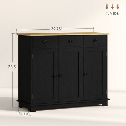 HOMCOM Sideboard - Wood, 3 Drawers, Distressed Black Storage Cabinet