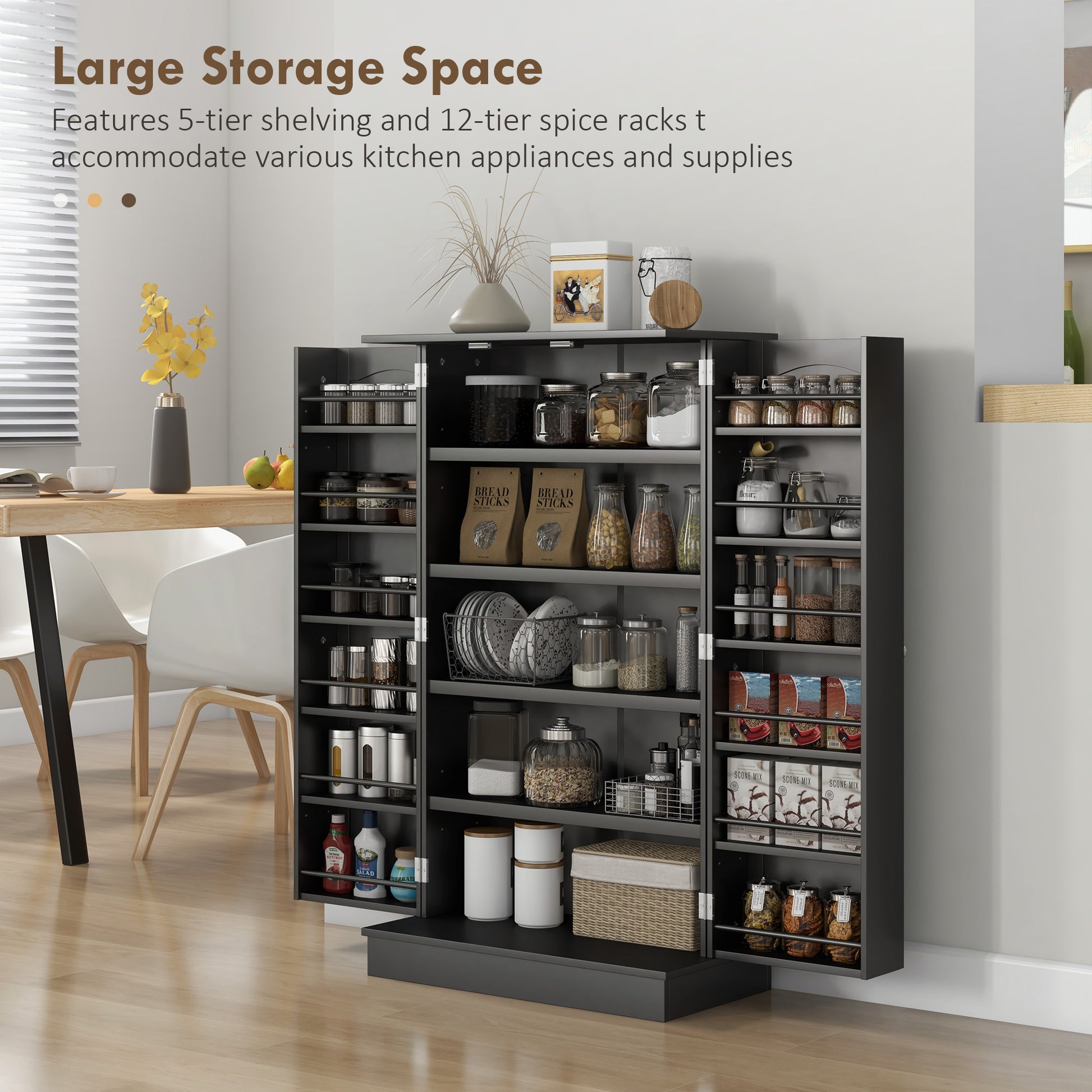 HOMCOM 41" Kitchen Pantry Cabinet - Black MDF Storage