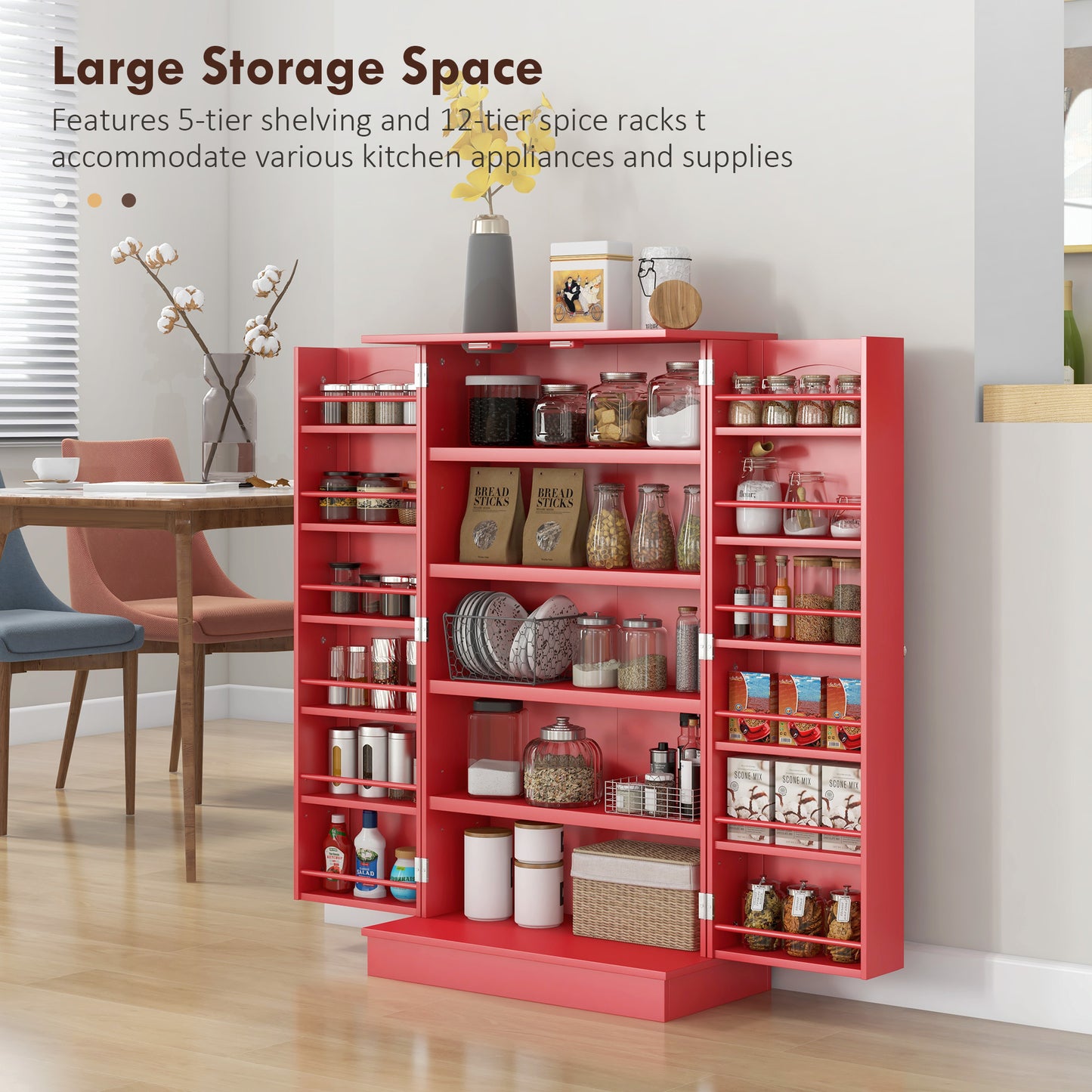 Red MDF Kitchen Storage Cabinet with 12 Door Shelves for Pots and Pans