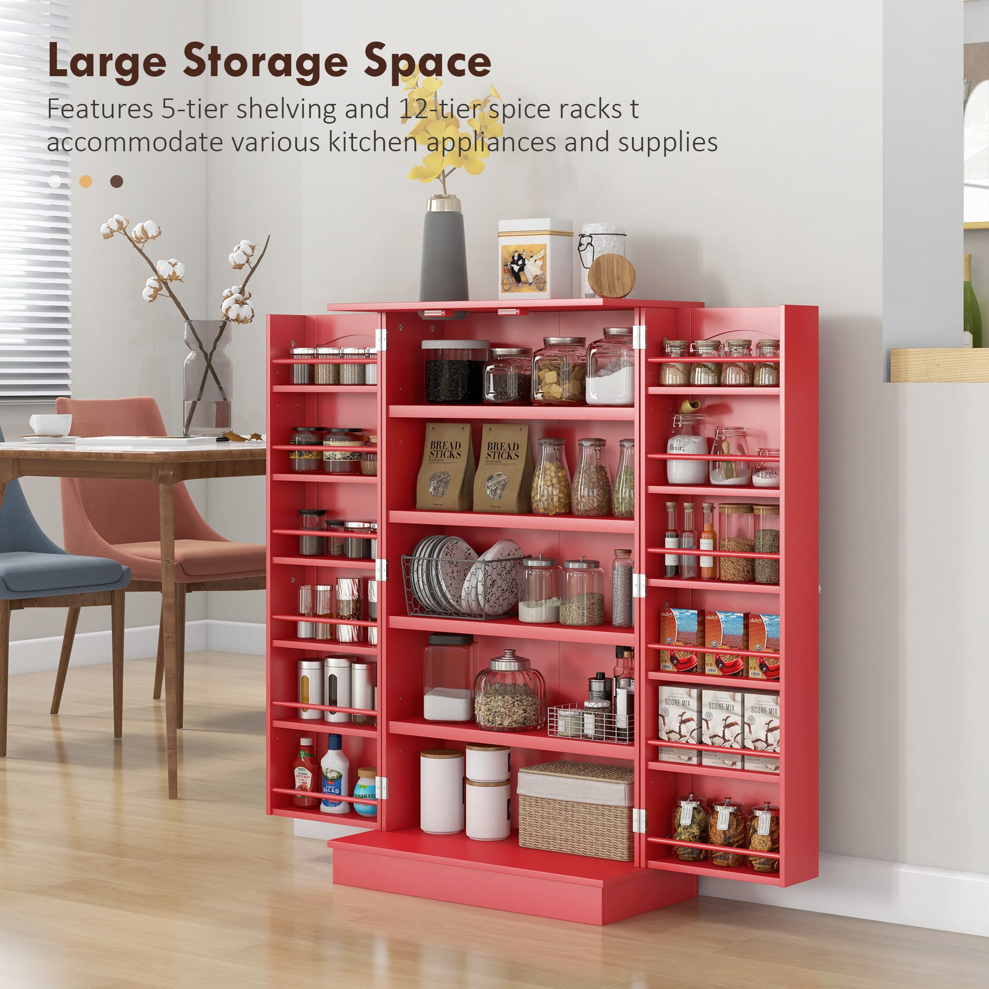 Red MDF Kitchen Storage Cabinet with 12 Door Shelves for Pots and Pans