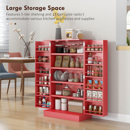 Red MDF Kitchen Storage Cabinet with 12 Door Shelves for Pots and Pans