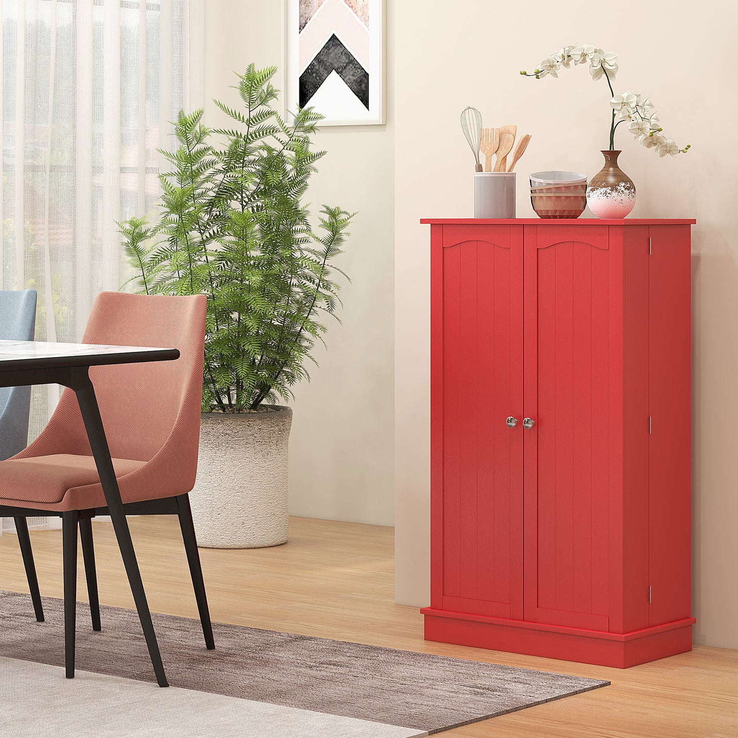 Red MDF Kitchen Storage Cabinet with 12 Door Shelves for Pots and Pans