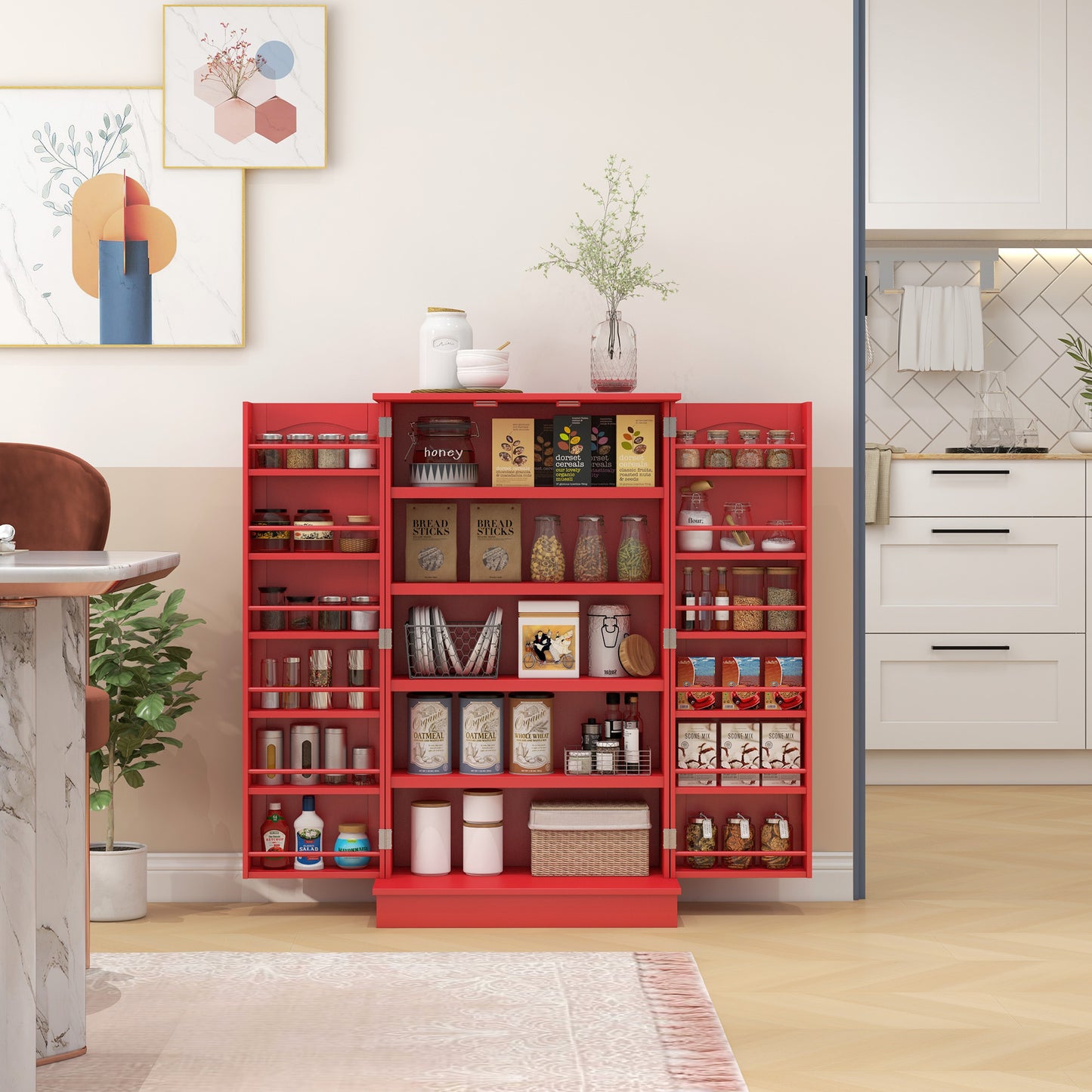 Red MDF Kitchen Storage Cabinet with 12 Door Shelves for Pots and Pans