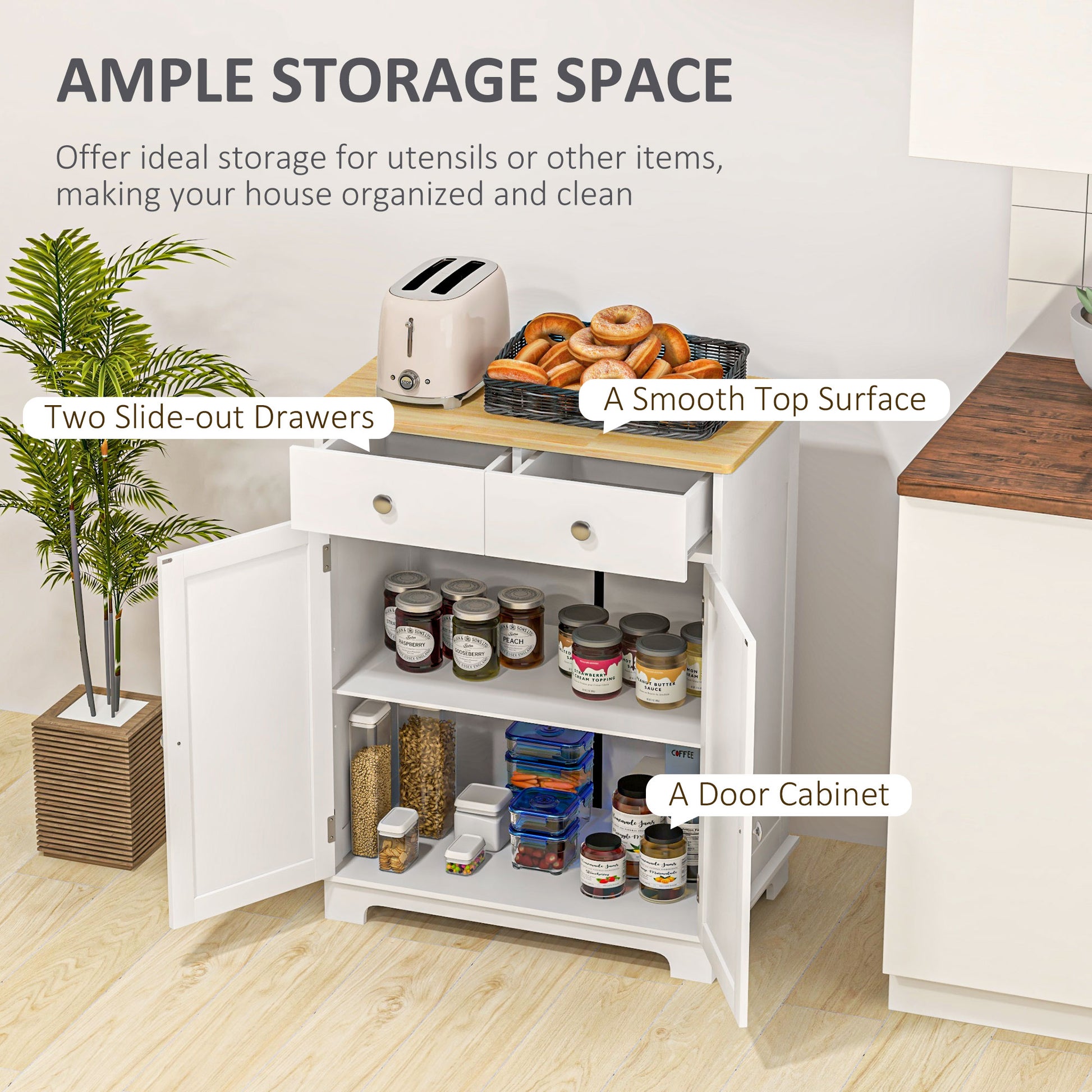 White Wood Buffet Cabinet - 2 Drawers & Adjustable Shelves