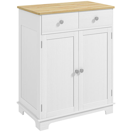 HOMCOM Sideboard with Solid Wood Countertop, Modern Kitchen Storage Cabinet, Coffee Bar Cabinet with 2 Drawers, Doors and Adjustable Shelf, Distressed White