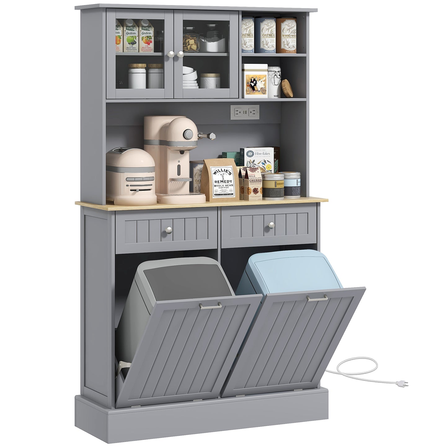 HOMCOM 68" Kitchen Pantry Storage Cabinet with Charging Station, 2 Tilt Out Trash Cabinets and Microwave Stand, Freestanding Kitchen Hutch with Glass Doors and Adjustable Shelf, Gray
