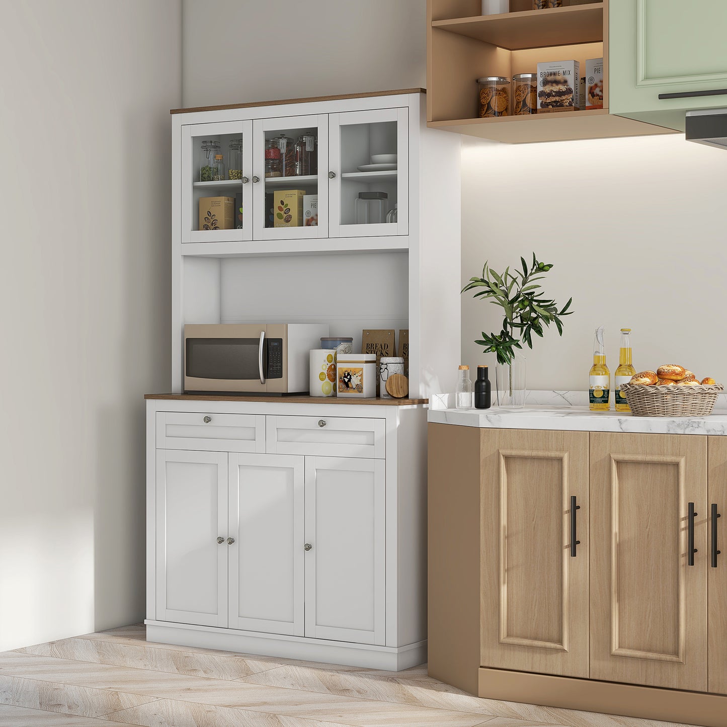 White Kitchen Pantry Cabinet - 70.8" Tall Storage Hutch with Microwave Stand