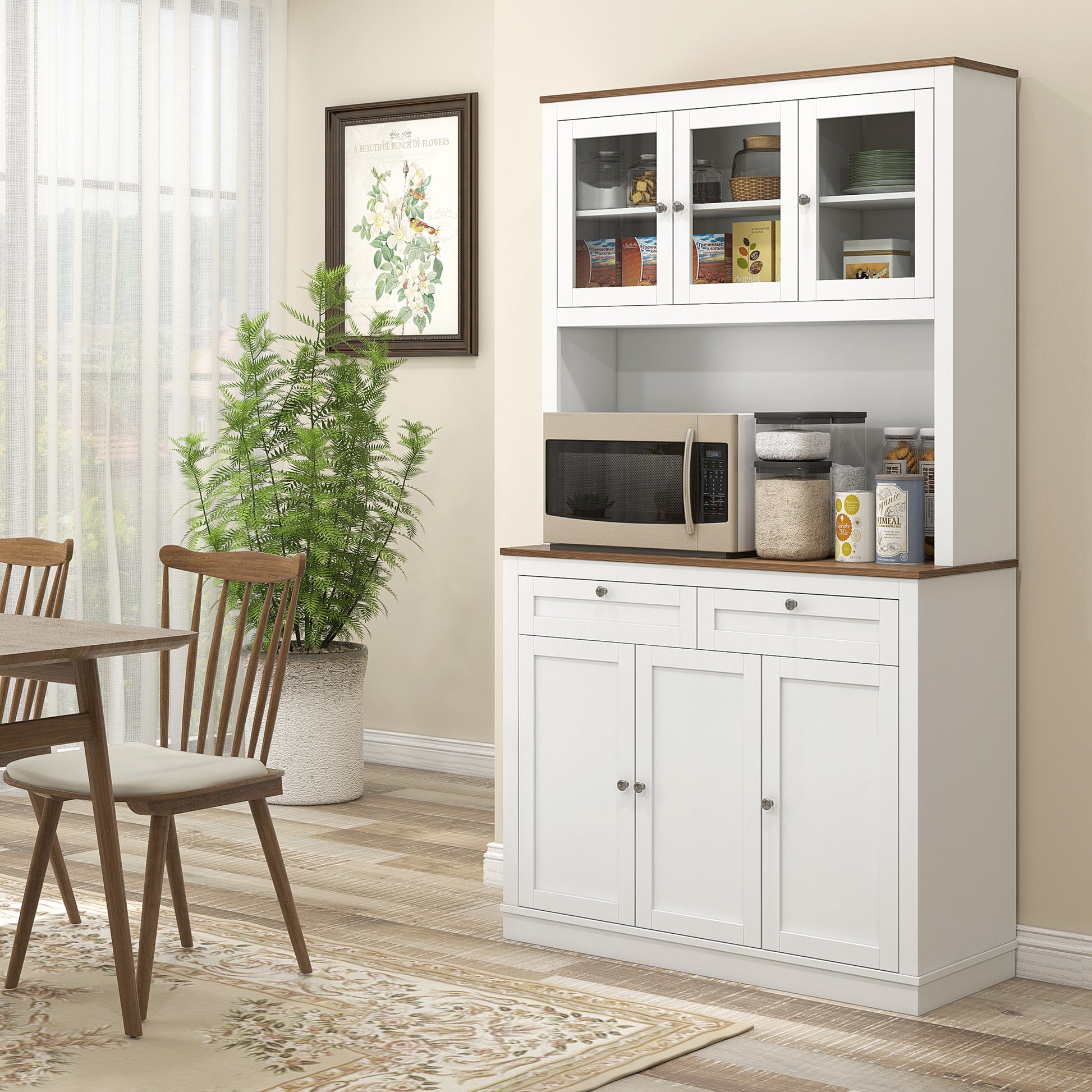 White Kitchen Pantry Cabinet - 70.8" Tall Storage Hutch with Microwave Stand