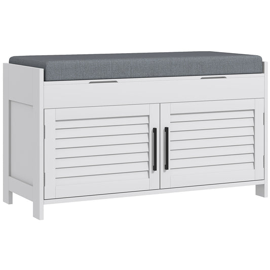 HOMCOM Shoe Bench, Entryway Bench with Shoe Storage, Cushion, Hidden Compartments, Adjustable Shelves and Shutter Doors, 35.4" Shoe Organizer for Entryway, Hallway, Holds Up to 352 lbs., White