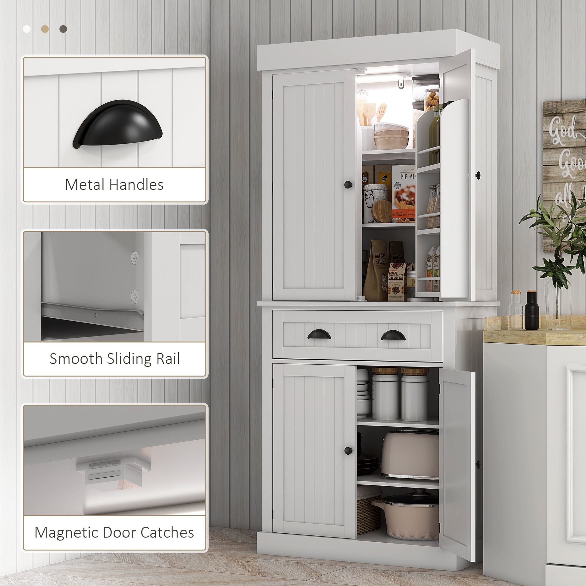 White Kitchen Pantry Cabinet with LED Light - 71" Tall Storage