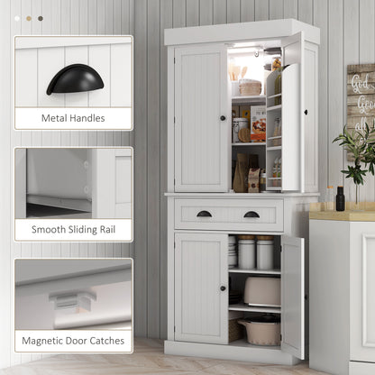 White Kitchen Pantry Cabinet with LED Light - 71" Tall Storage