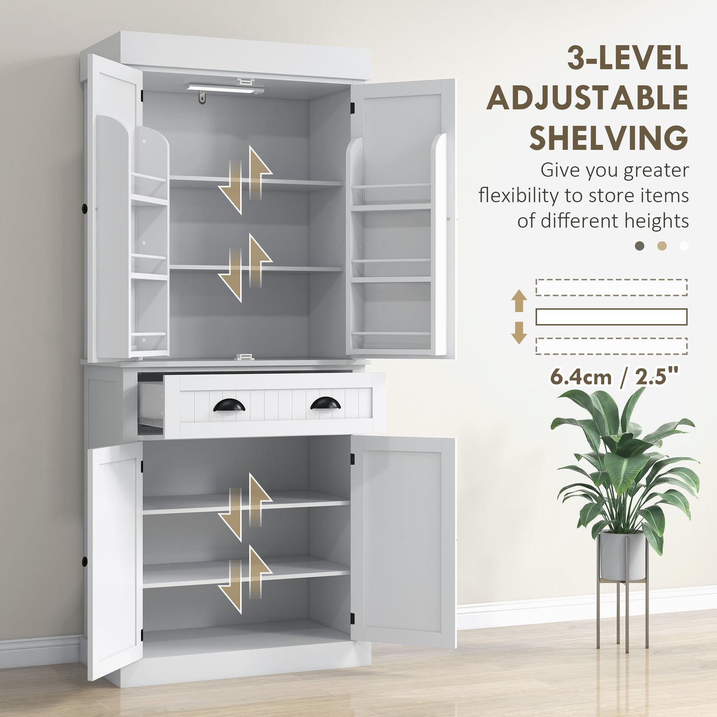 White Kitchen Pantry Cabinet with LED Light - 71" Tall Storage