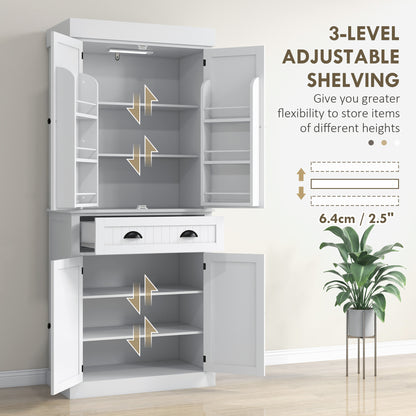 White Kitchen Pantry Cabinet with LED Light - 71" Tall Storage