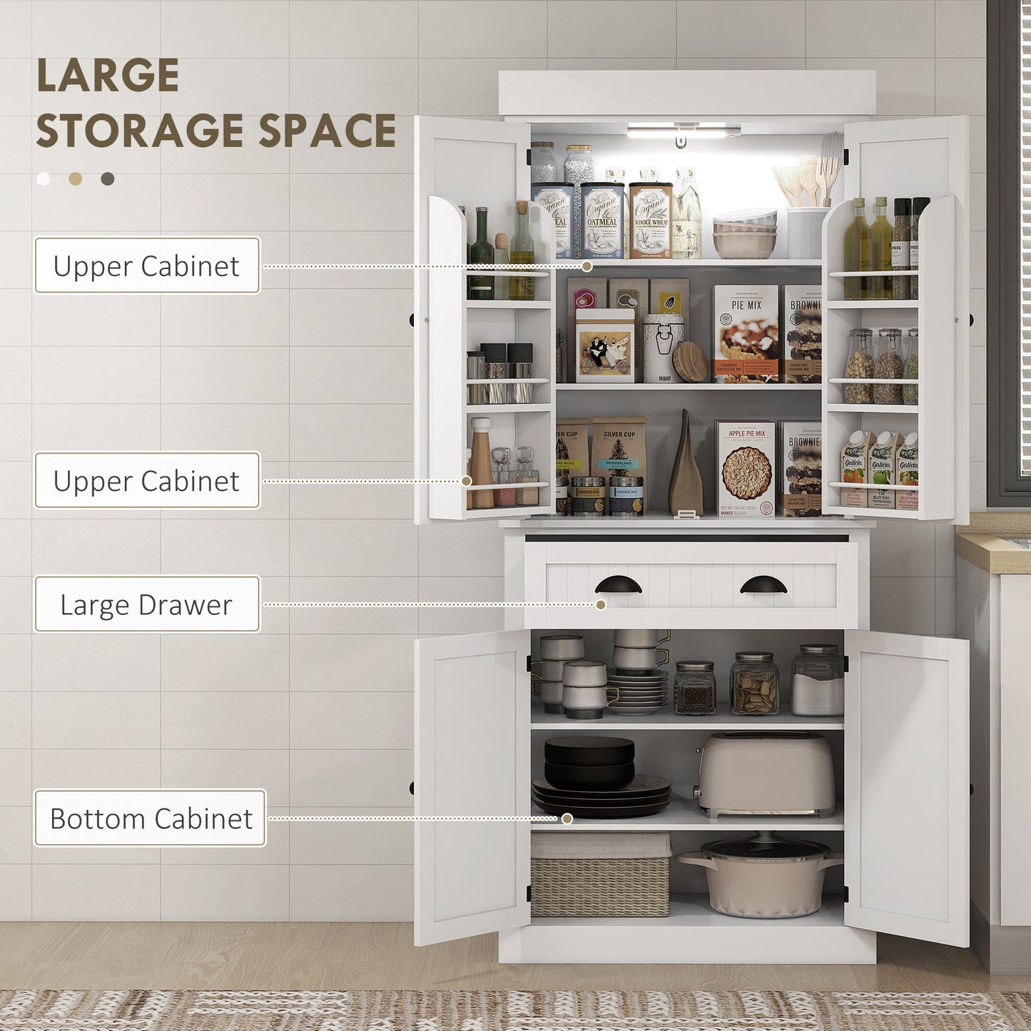 White Kitchen Pantry Cabinet with LED Light - 71" Tall Storage