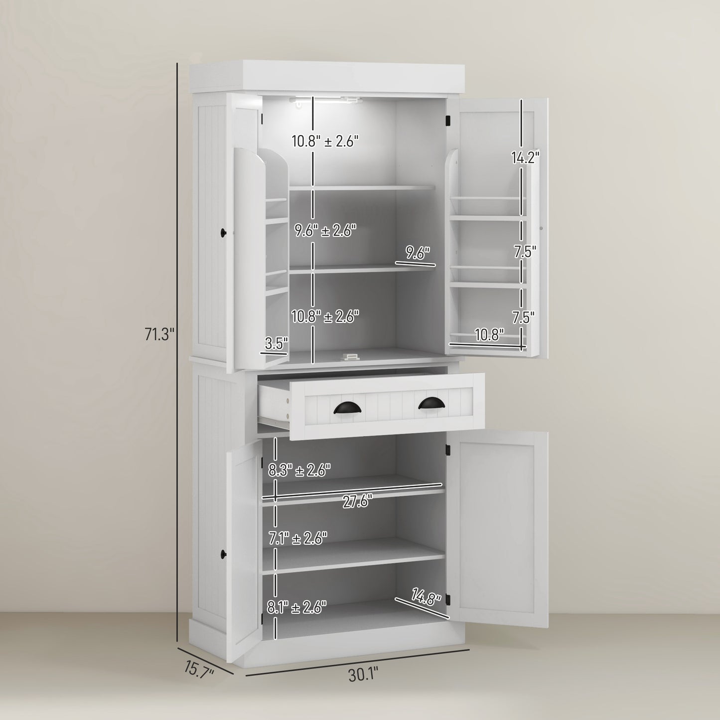White Kitchen Pantry Cabinet with LED Light - 71" Tall Storage