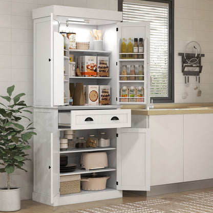 White Kitchen Pantry Cabinet with LED Light - 71" Tall Storage