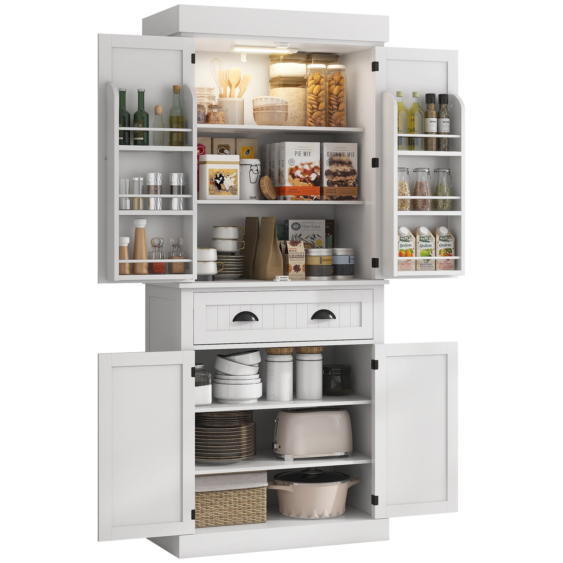 HOMCOM 71" Kitchen Pantry Cabinet with Motion Sensor Light, Tall Storage Cabinet with 6 Door Shelves, a Drawer & 4 Adjustable Shelves, for Living Room, Dining Room, White