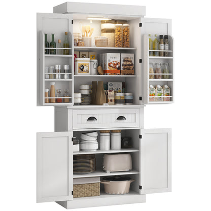 HOMCOM 71" Kitchen Pantry Cabinet with Motion Sensor Light, Tall Storage Cabinet with 6 Door Shelves, a Drawer & 4 Adjustable Shelves, for Living Room, Dining Room, White
